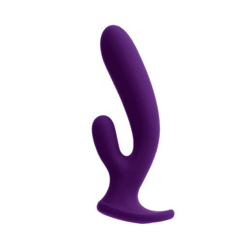 deep purple silicone VeDO Wild Duo Rabbit-Style Vibrator with external stimulation arm and long base handle